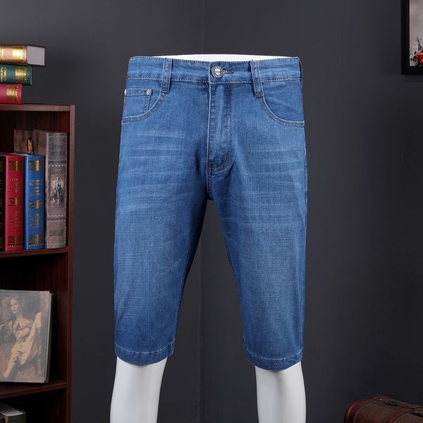 

men's jeans denim shorts mens solid color elasticity mid pants male fashion casual thin section plus size short summer blue