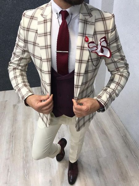 Mode Beige Glen Plaid Mann Anzug Arbeit Blazer Mantel Weste Hosen Sets Bräutigam Smoking (Jacke + Hose + weste + Krawatte) K73