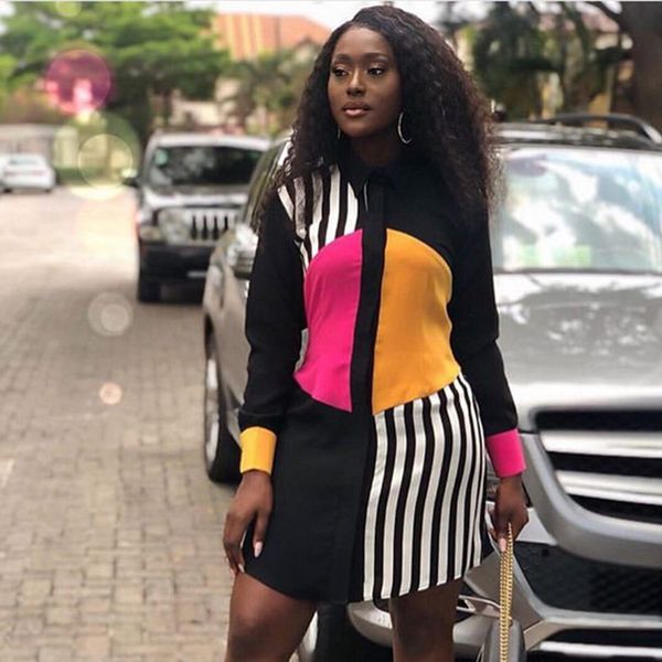 

women summer long sleeve shirt dress 2020 streetwear office stripe knee-length casual dress black button loose midi party, White