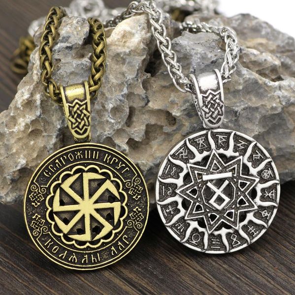 

two-sided talisman amulets viking runes slavic kolovrat star svarog and rodnoverie of russia pentagram nordic pendants necklace, Silver