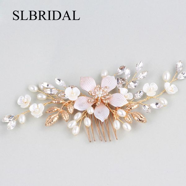 

slbridal handmade crystals rhinestones pearls flower wedding jewelry hair comb bridal headpieces hair accessories bridesmaids t190620, Golden;white