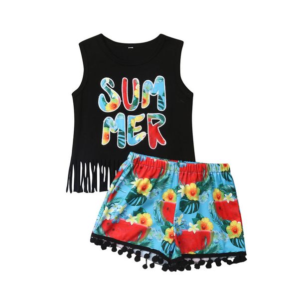 

0-4t 2pc/set baby kids clothes set short sleeves black print t-shirt cotton vest floral shorts pants new born baby clothing, White
