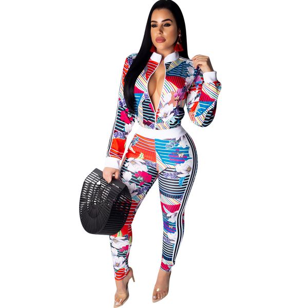 

floral striped print bodycon jumpsuits women front zipper long sleeve club party romper streetwear full length body mujer, White
