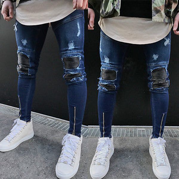 

fashion men stylish men's jeans ripped slimfit skinny jeans stretch denim distress frayed biker jeans boys, Blue