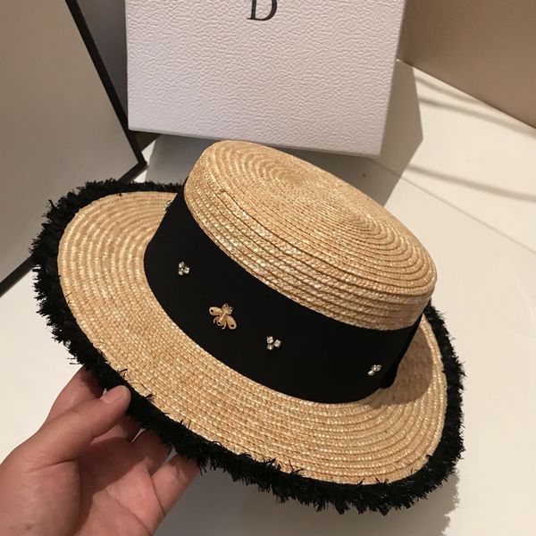 

hepburn style elegant large eaves flat wheat bee straw straw hat children's holiday beach sun hat tourism, Blue;gray
