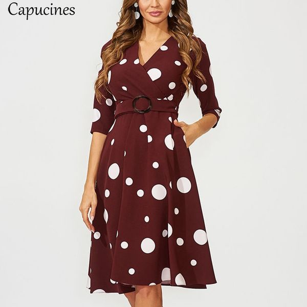 

capucines new irregular dot printed belt women dress 2019 autumn 3/4 sleeves v neck a line slim elegant vintage party dresses, Black;gray