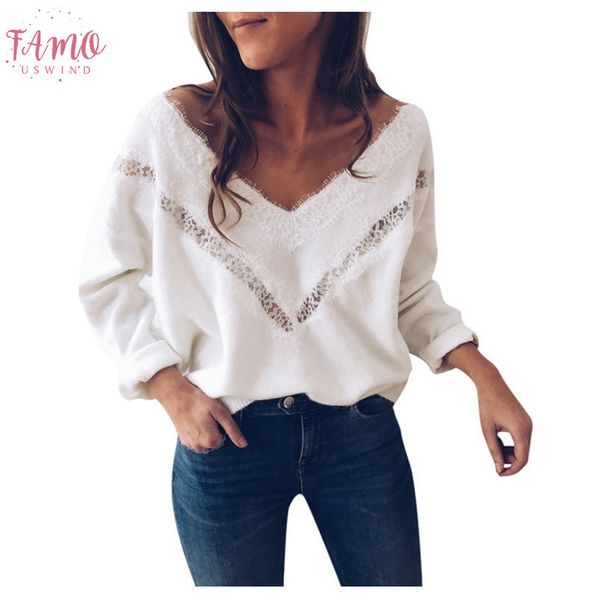 

women blouse fashion winter long sleeve v neck lace applique slim pullover loose women and blouses lantern sleeve roupas feminina 38, White