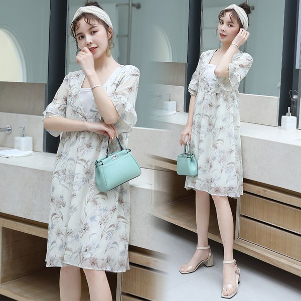 

8907# maternity clothes summer floral short sleeve easy matching loose stylish dress for pregnant women pregnancy clothes, White