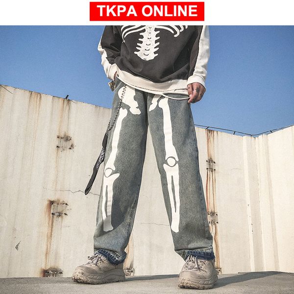 

men skeleton oversized black jeans pants 2020 denim mens streetwear hip hop harem pants high wasit denim overalls, Blue