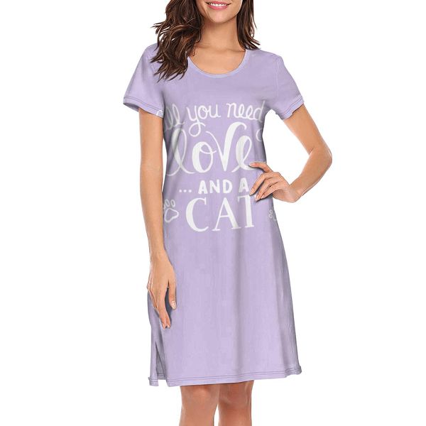 

ночные рубашки для женщин all you need is love и дизайн cat весело печати короткий рукав nightdress черный кот котенок шаблон симпатичные би, Black;red
