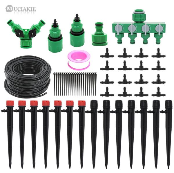 

muciakie 50m micro drip irrigation system garden plant watering hose kit with adjustable stake drippers and rotating sprinkler