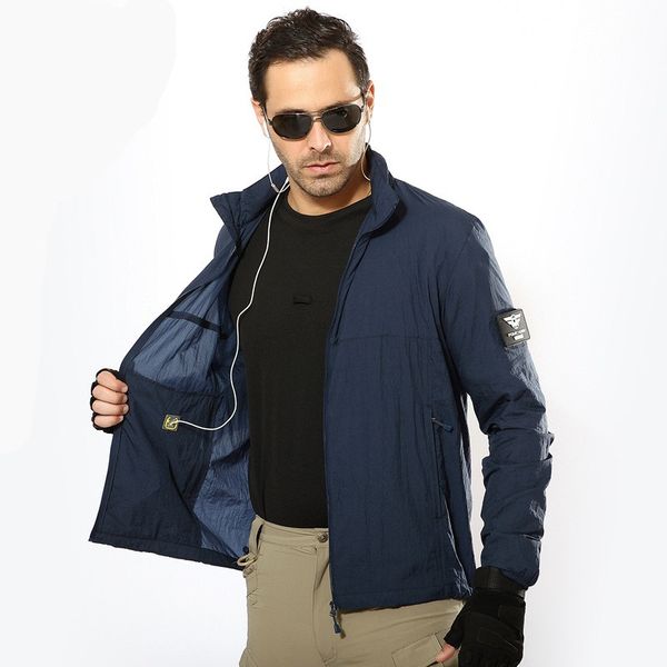 

men summer waterproof quick dry tactical skin jacket hooded raincoat thin windbreaker sunscreen army jacket oversize, Blue;black