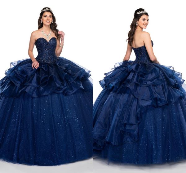 

2019 темно-синие оборки из органзы выпускного вечера quinceanera платья без бретелек на шнуровке спинки хрустальные бусы бальное платье swee, Blue;red