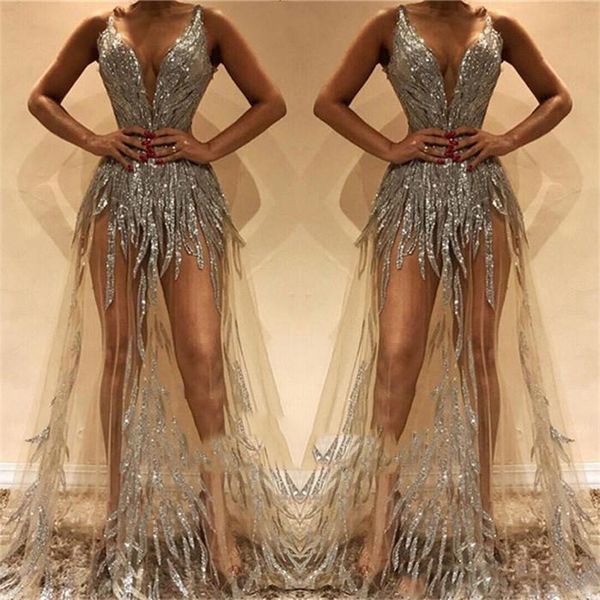 

2019 new arrival illusion long prom dresses deep v-neck beads sequined party gowns see through chic evening dress custom made robe de soiree, Black
