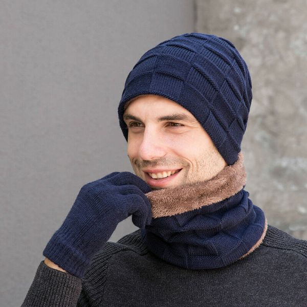 

2020 new brand winter knitting beanie hat scarf glove sets men women woolen hats thicken plus velvet scarf caps set, Blue;gray