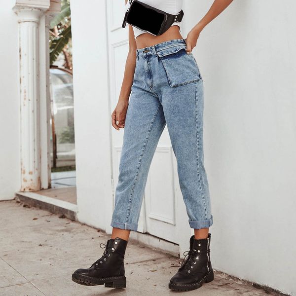 

jeans women's fashion jeans women's denim pocket design straight loose pants #yb40, Blue