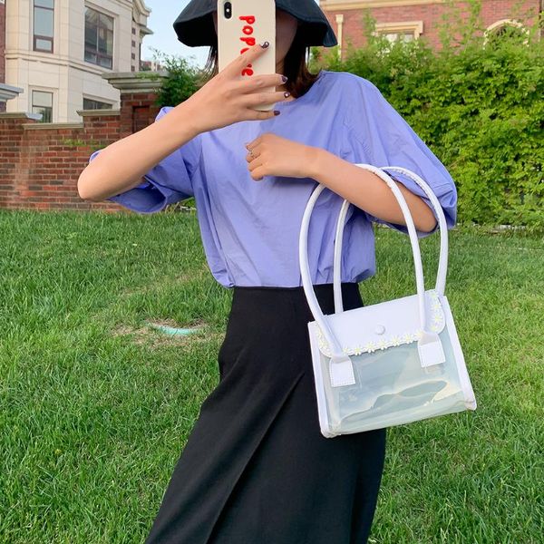 

women transparent handbag classic texture creative design chic casual daisy pvc splicing pu daily summer totes shoulder bags
