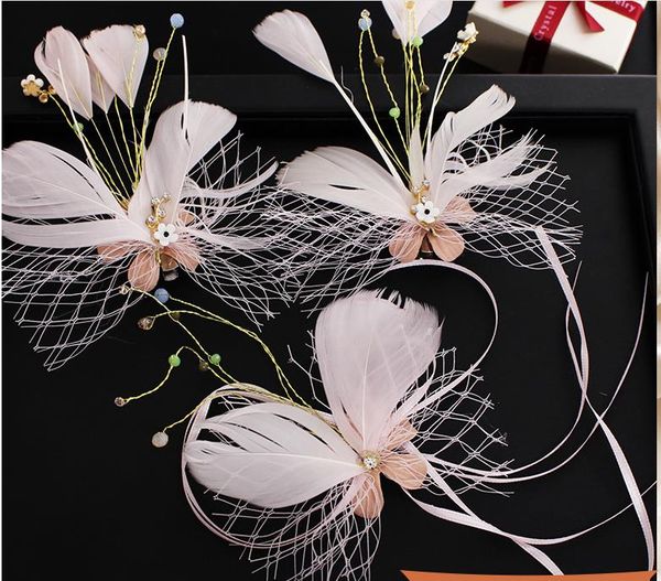 

bridal handmade headdress sweet pink feather butterfly hair set net yarn hairpin, Silver