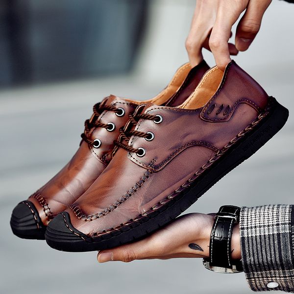 

handmade leather shoes men breathable sewing male loafers comfortable driving men shoes moccasins classic loafers male, Black