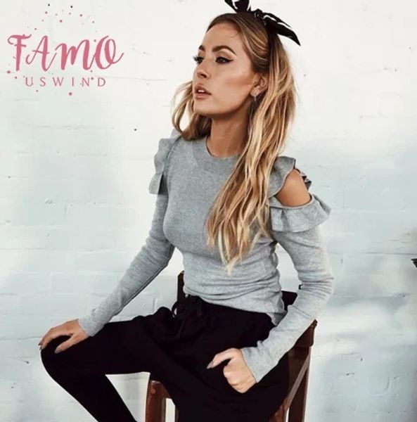 

2018 new arrival spring women autumn solid o neck t shirts open shoulder long sleeve ruffle t shirt ladies off shoulder knitted, White