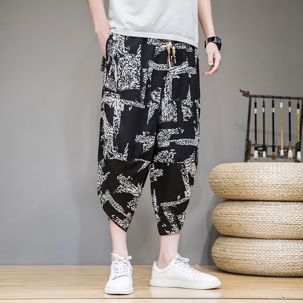 

men's pants mens korean harajuku style loose printing sweatpant beach casual cotton harem bloomers streetwear trouser men, Black