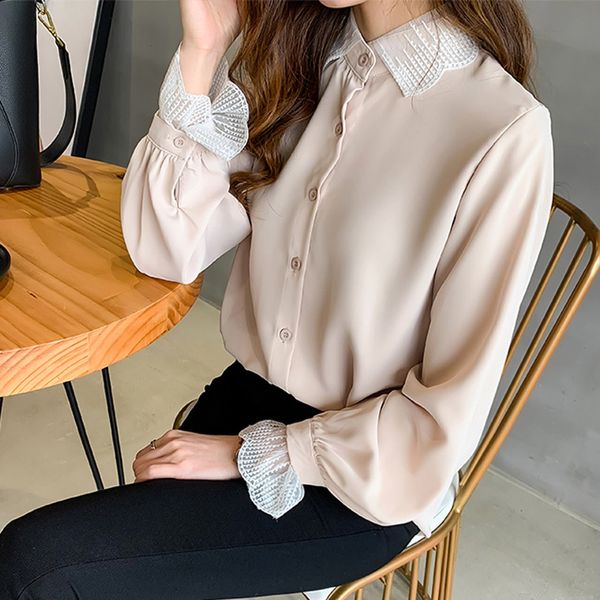 

feitong women blouses long lantern sleeve lace spliced turn-down collar solid chiffon blouse office shirt, White
