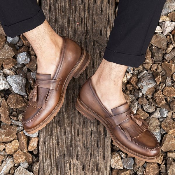 

round toe slip on tassels man casual shoes genuine leather handmade loafers comfortable men's office flats nhs196, Black