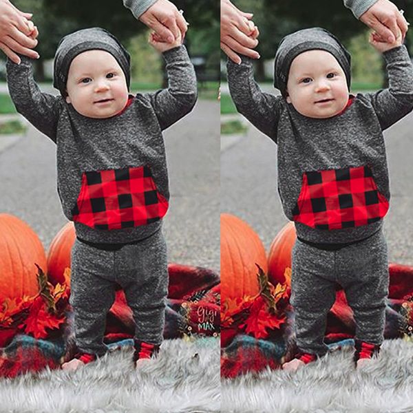 

fashion kids зимняя одежда baby boy одежда набор 2 шт. плед толстовка карманная толстовка пуловеры топы брюки одежда наборы, White