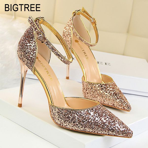 

bigtree shoes women pumps spring stiletto women high heels shoes ankle strap wedding for gold party shoe, Black