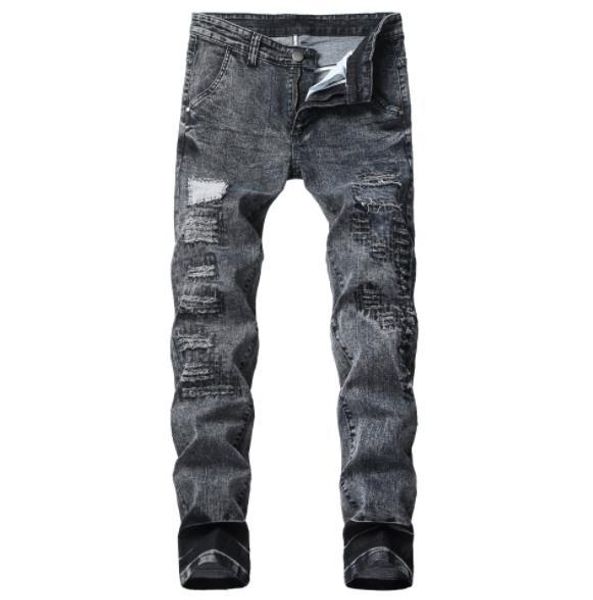 

high-elastic mens jeans cotton stretch embroidered hole slim self-cultivation motorcycle riding jeans street designer fashion jeans, Blue