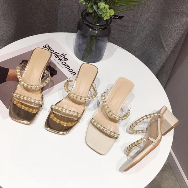 

flat shoes female slippers heels square heel slides rubber flip flops string bead slipers women fashion high block soft, Black