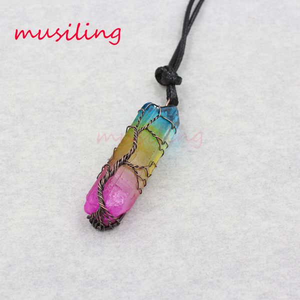 

colors crystal pillar pendants necklace chain life tree reiki jewelry charms bohemian healing chakra wicca witch amulet fashion jewelry, Silver