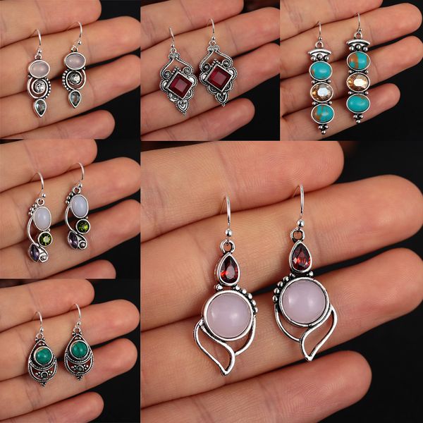 

1pair vintage rainbow moonstone hook dangle earring fashion retro leaf drop earrings boho jewelry for women girls pendientes, Silver
