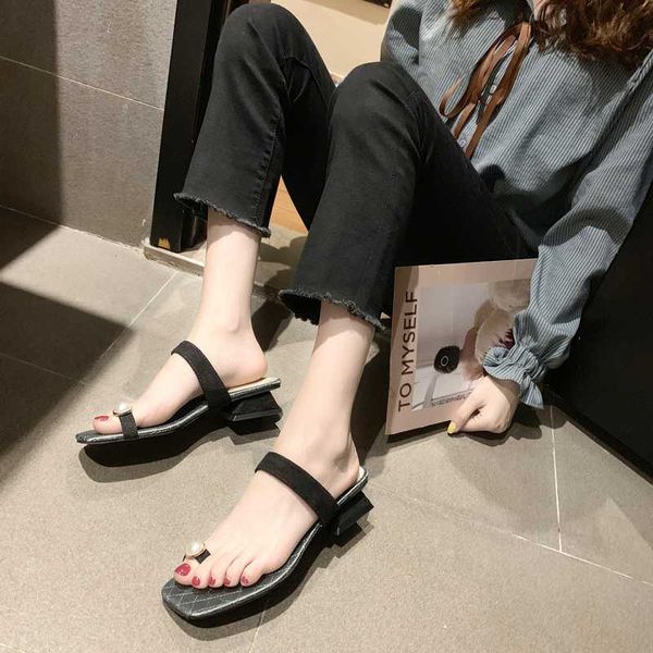 

slippers women summer shoes woman 2020 shale female beach pantofle rubber flip flops square heel string bead slides med, Black