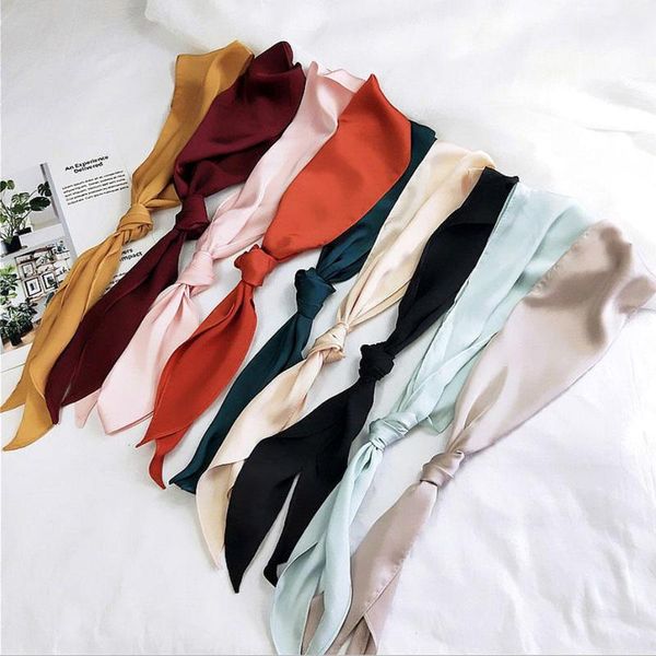 

2019 women fashion ribbon silk scarf beautiful solid design girls neckerchief hair band bag handle wraps small neck scarves, Black;blue