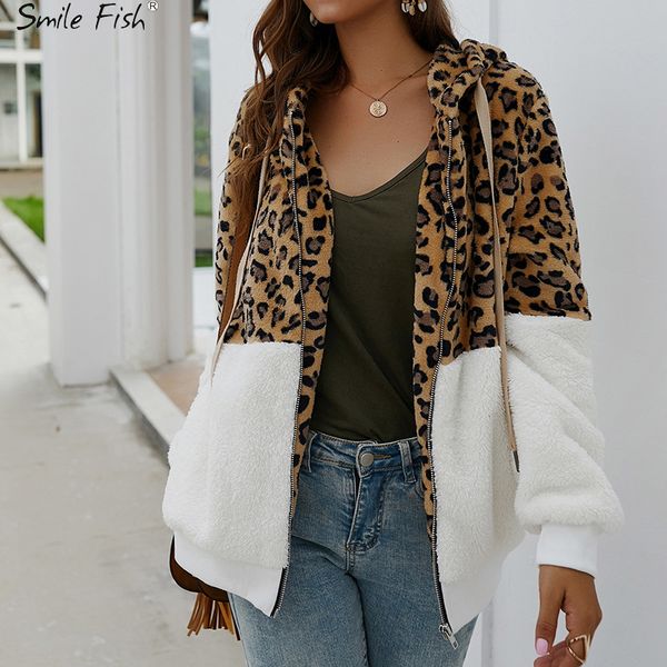 

leopard печатные hoodie с длинным рукавом пальто женщин сыпучие мода лоскутная осень зима теплое пальто на молнии карманы streetwear m0607, Black;brown