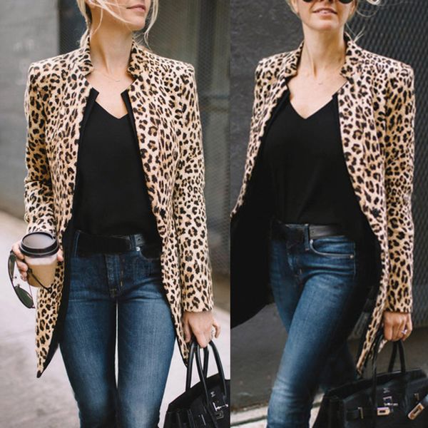 

2019 new fashion women brown leopard printed autumn winter warm wind coat cardigan blazer notched, White;black
