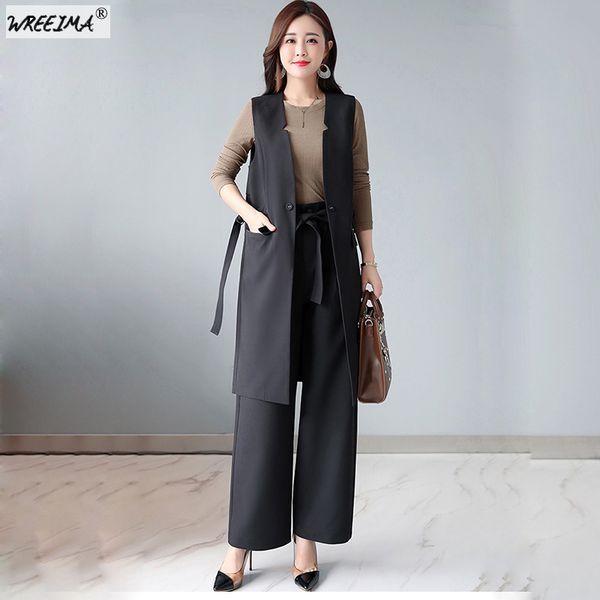 

new winter coat women v-neck thin belt lattice collect waist long section coat sweater wide leg pants women two piece set qy04, Gray
