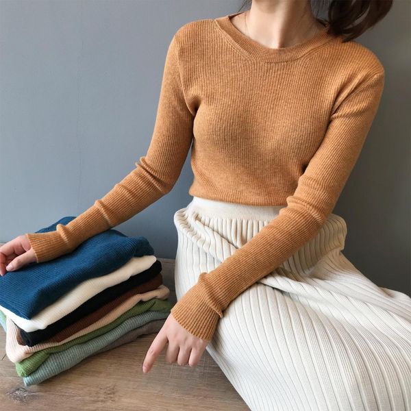 

2019 autumn new solid color kint sweaters o-neck pullover slim winter wild brief casual multicolour full-sleeve sweater women, White;black
