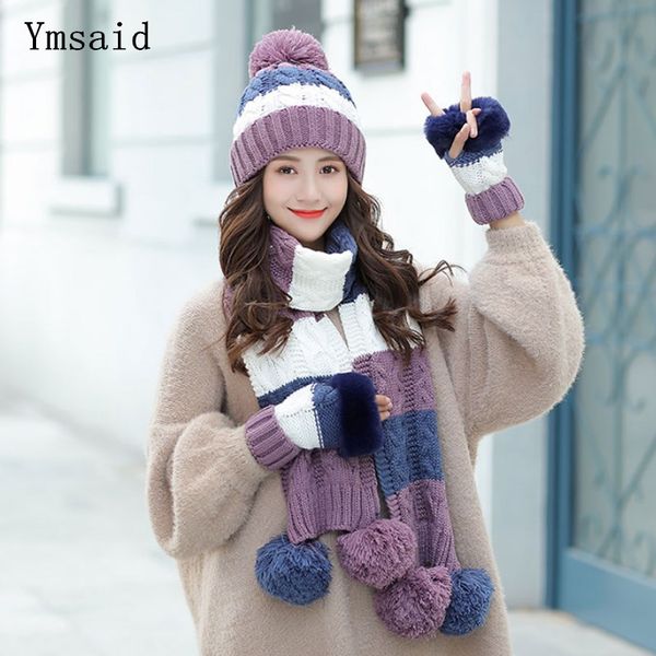 

woman winter hat and gloves sets fashion woolen hat scarf gloves set sweet girl scarf set for female warm knitted 11.11, Blue;gray