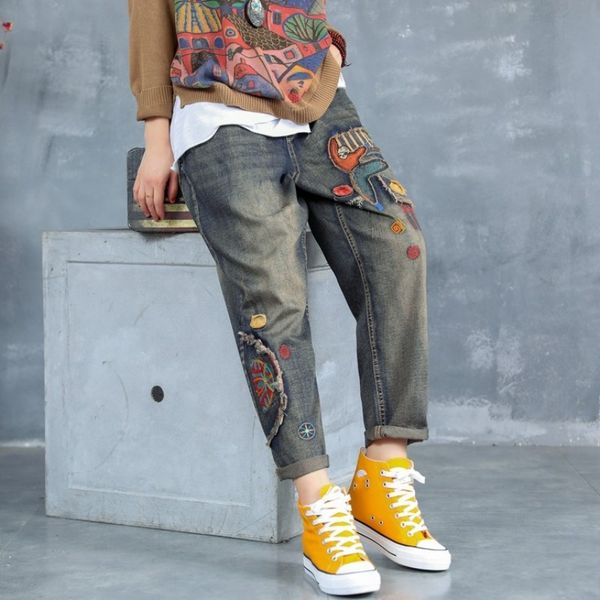 

vintage women cartoon spliced embroidery female long elastic waist denim harem pants retro casual loose fit jeans trousers, Blue