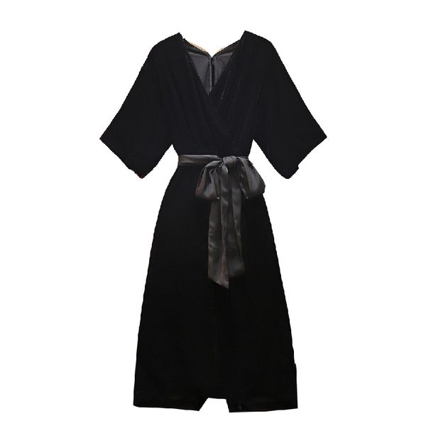 

women elegant velvet party black dress long sleeve deep v neck bandage formal smart casual spring large plus size 5xl dress, Black;gray
