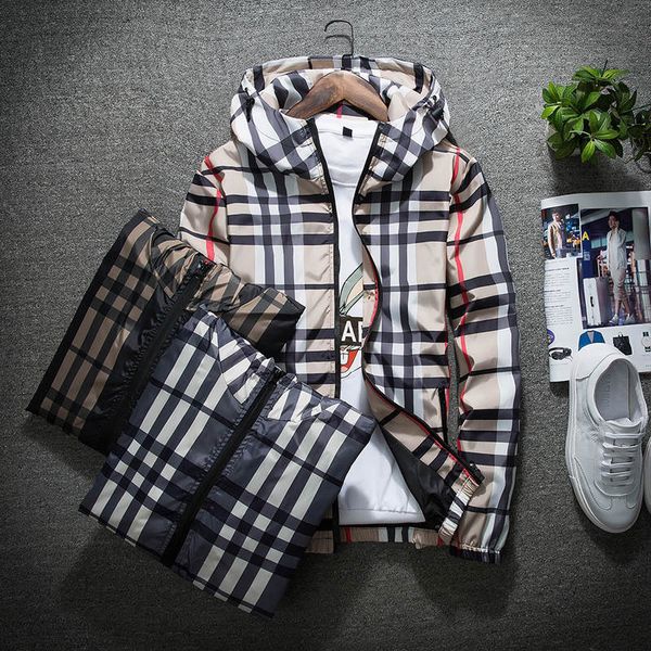 

designer jacket spring autumn hoodie outdoor striped splice lattice pattern windbreaker jacket warmth casual hooded asian size m-5xl, Black;brown