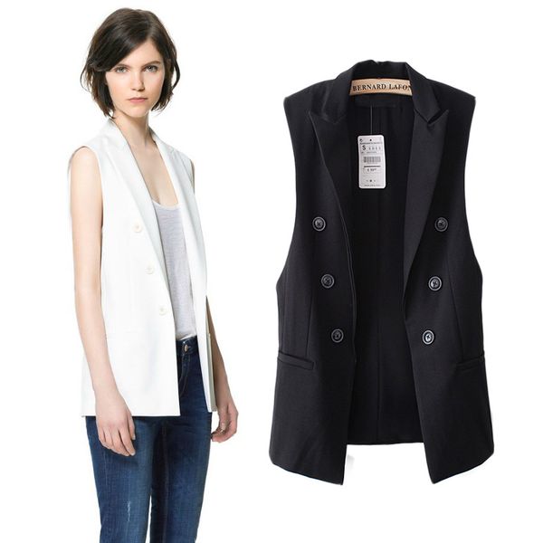 

star same style double breasted middle long suit vest women sleeveless turn down collar waistcoat fashion slim all match cloth, Black;white