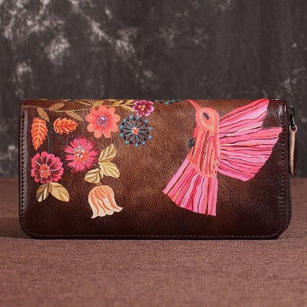 

vintage female clutch wrist bags purse cards holder luxury plum flower money handy women long wallet genuine leather zipper bag, Red;black