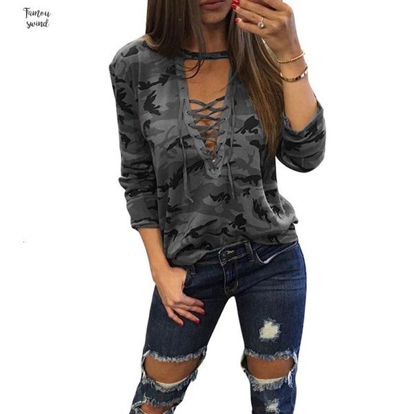 

футболка камуфляж печати женщины с длинным рукавом v шеи кружева sexy lady tops army стиль casual женский тройник plus size, White