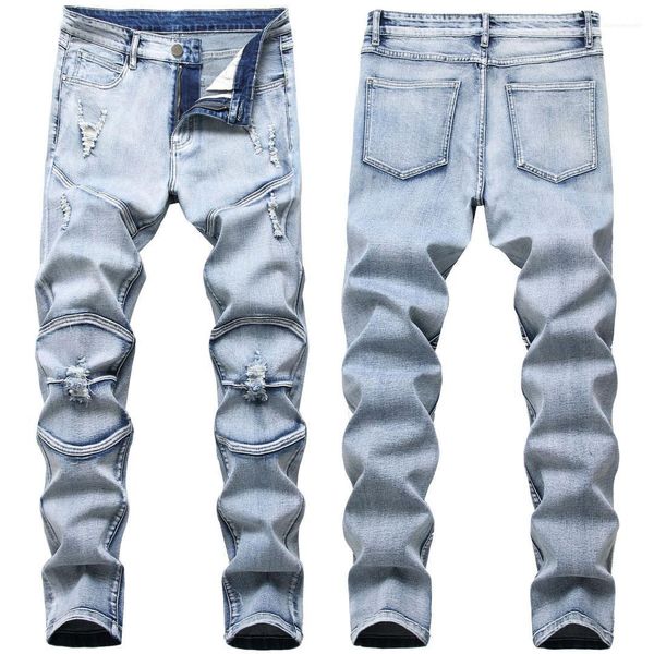 

light blue casual mens pants folds light wash frayed male clothing elastic slim hole mens jeans fashion