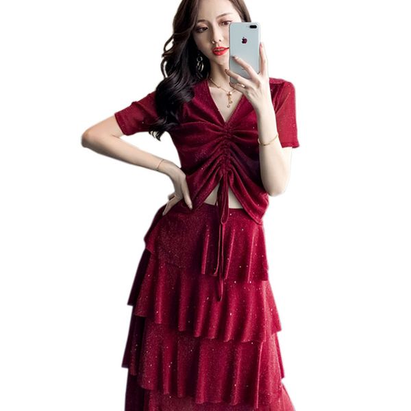 

2 colors chic glitter elegant party summer two piece set women slim drawstring crop and multi-layer skirt sets, Black