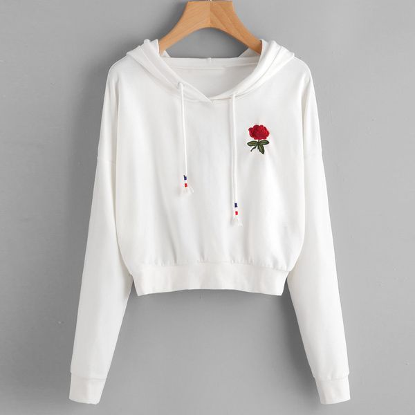 

feitong women sweatshirt hoodies rose embroidered solid hooded autumn spring jumper casual pullover tracksuit sudadera mujer, Black