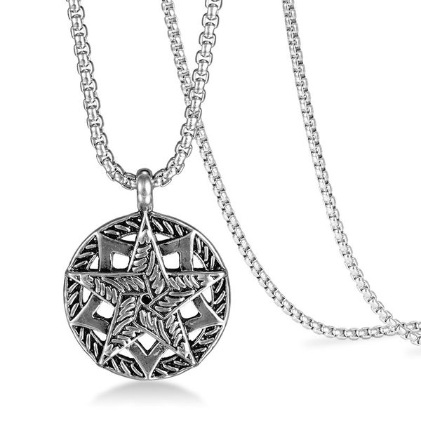 

double-deck pentagon necklace stainless steel circular pentagon europe and america fashionable personality hip-hop men necklace, Silver